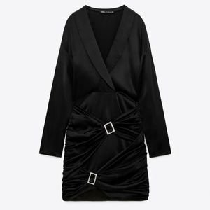 Zara Jewel Trim Buckle Satin Long Sleeve Mini Dress